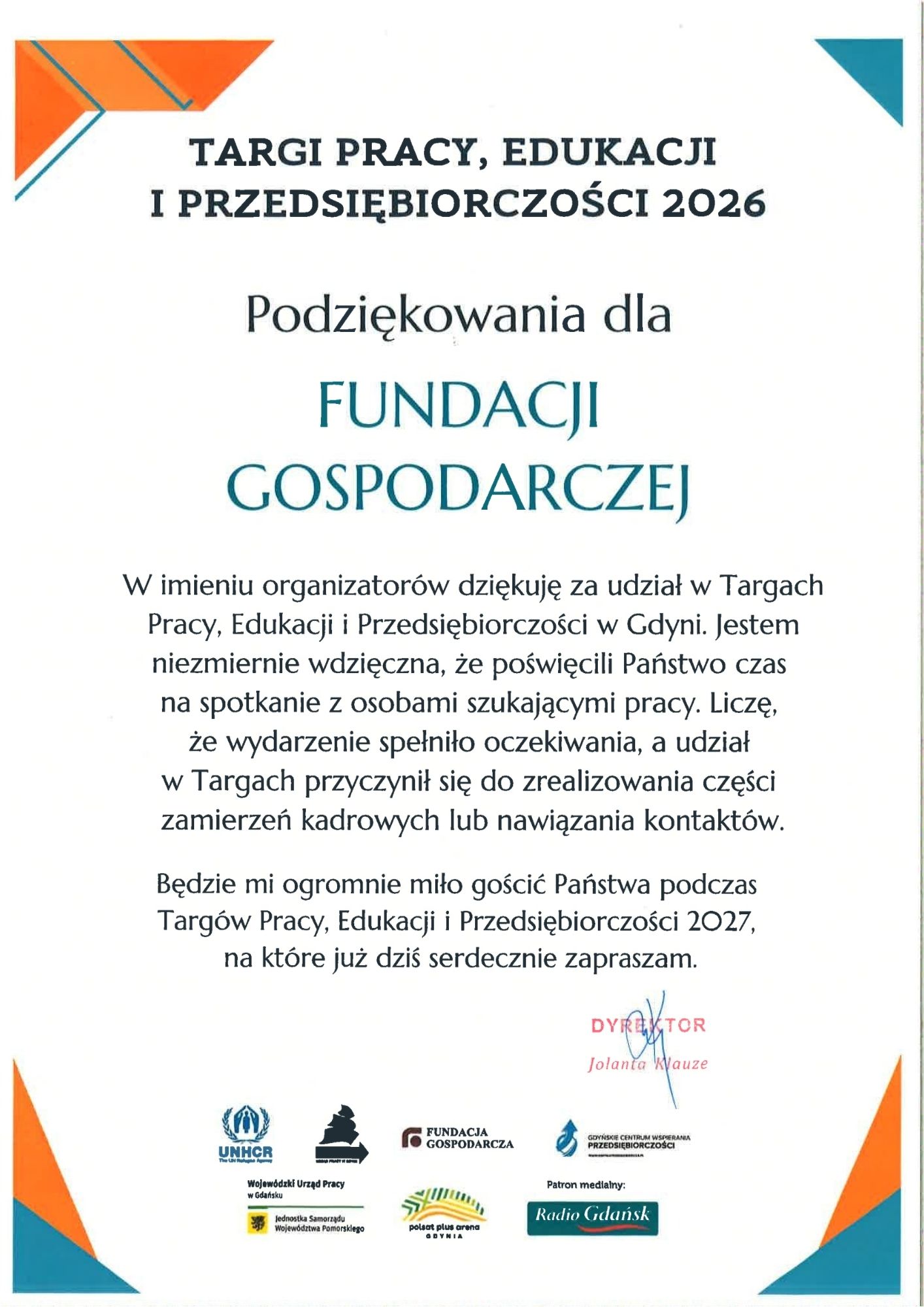 Podziękowanie za pomoc w organizacji targów pracy 2026