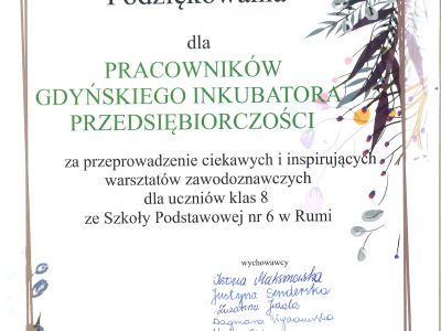 Podziękowanie-warsztaty zawodoznawcze SP nr 6 w Rumii