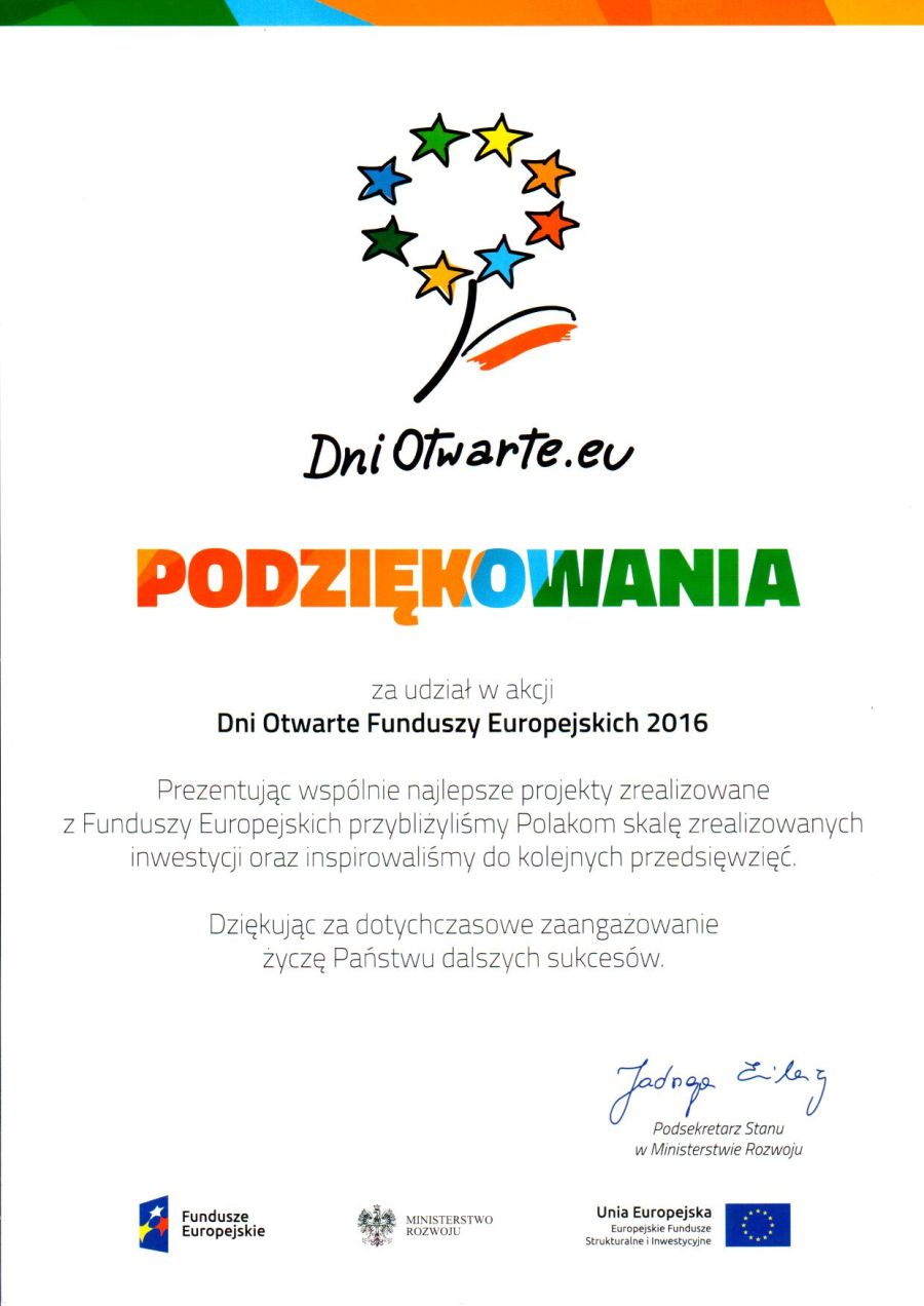 Podziękowanie z udział w akcji "Dni otwarte Funduszy Europejskich 2016"