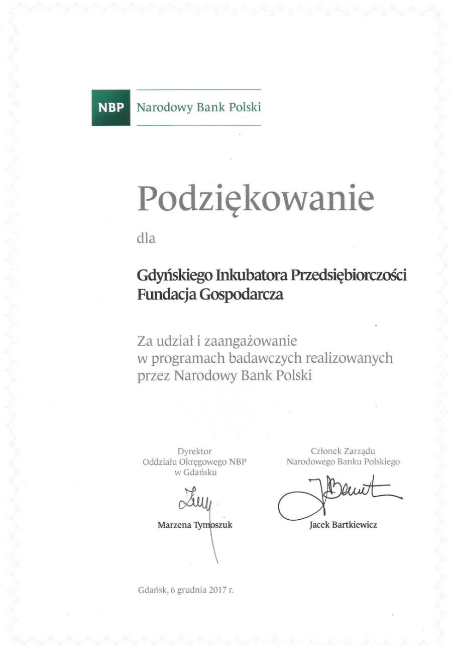 Podziękowanie Narodowego Banku Polskiego